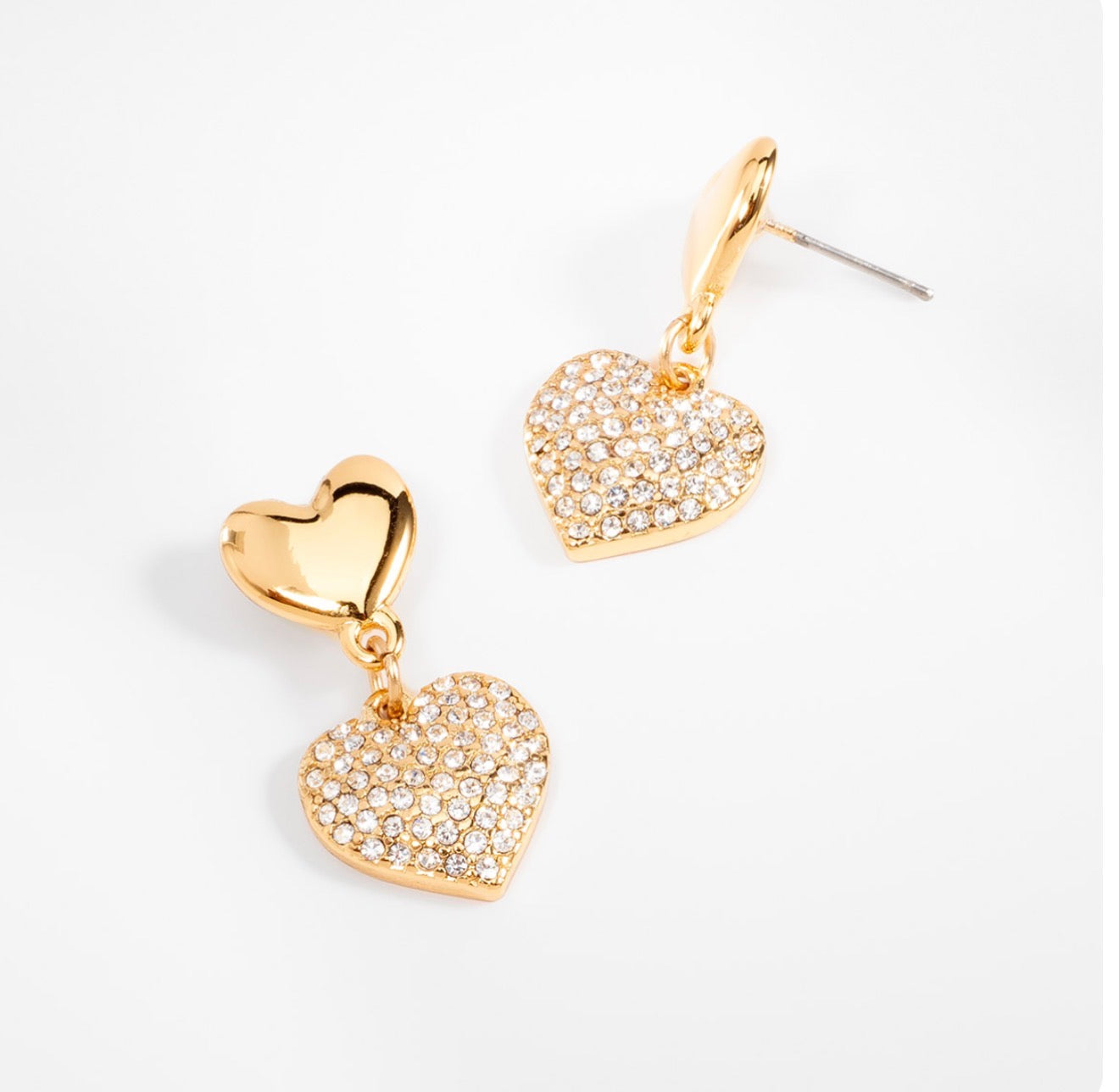 Gold Heart Drop Earrings with Crystal Pave