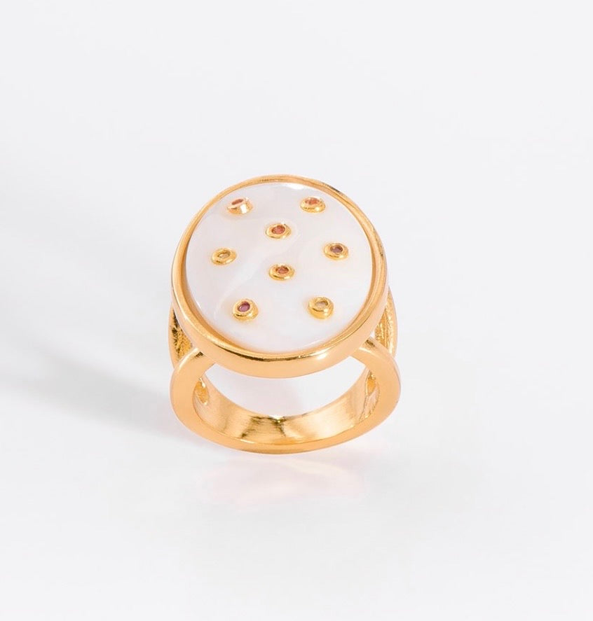 Celestial Mother of Pearl Statement Ring – 18K Gold Plated
