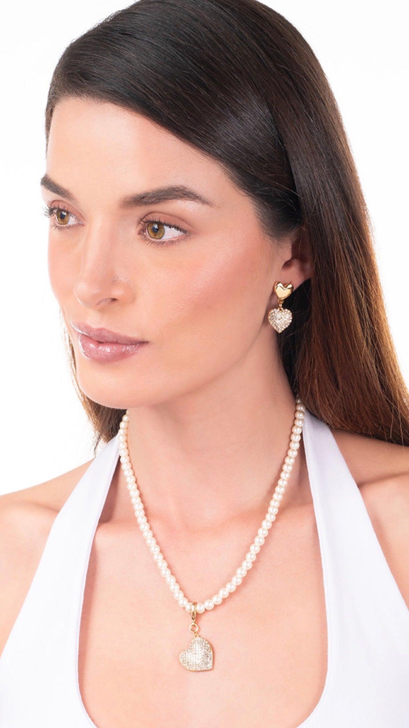 Gold Heart Drop Earrings with Crystal Pave