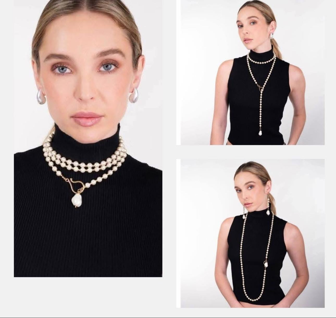 Elegant Pearl Layered Necklace with Gold Clasp & Drop Pearl