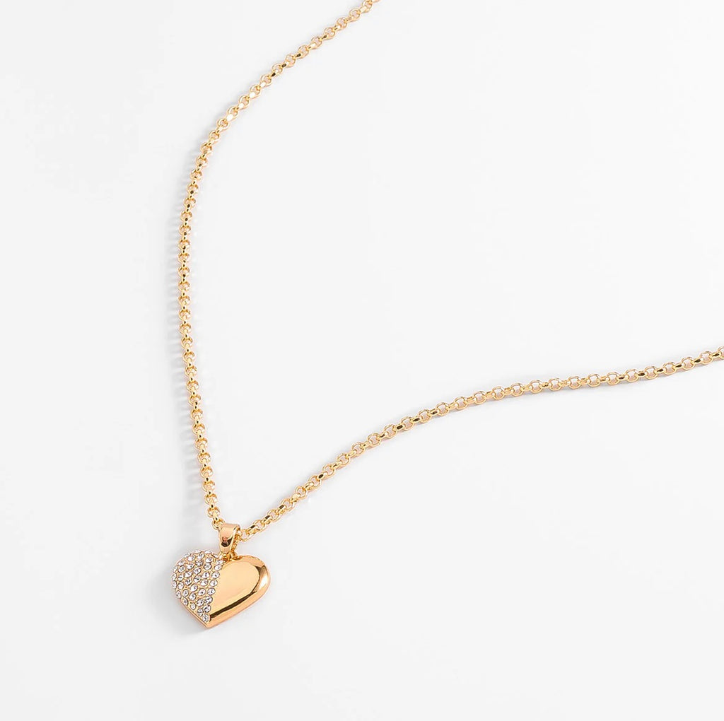 18K Gold Plated Half Pavé Heart Necklace | Elegant Crystal Heart Pendant