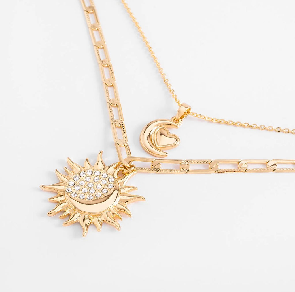18K Gold-Plated Sun, Moon & Heart Layered Necklace