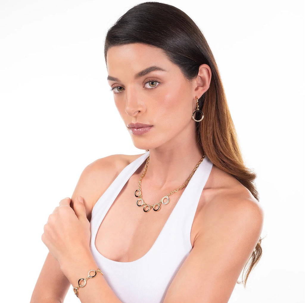 Black Accent Circle Drop Earrings – 18K Gold Plated