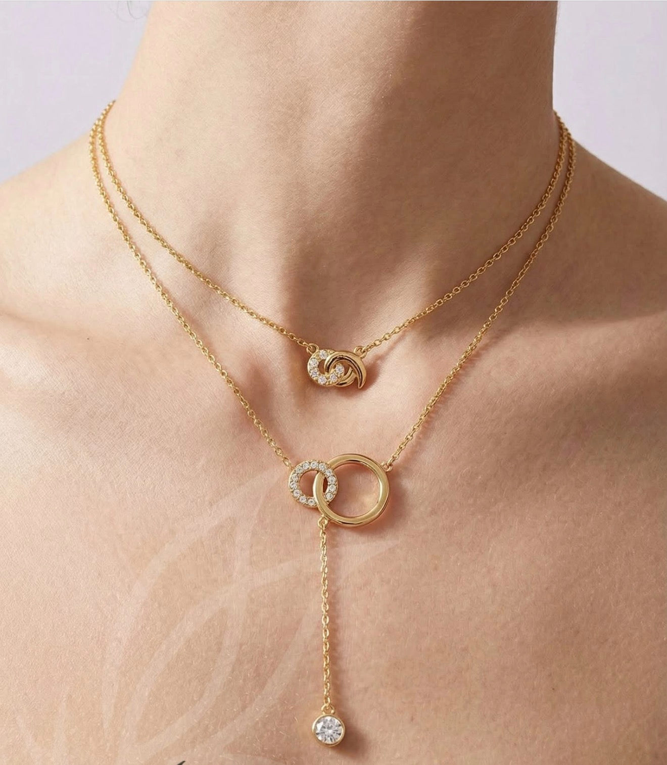 Gold Double Circle Drop Necklace