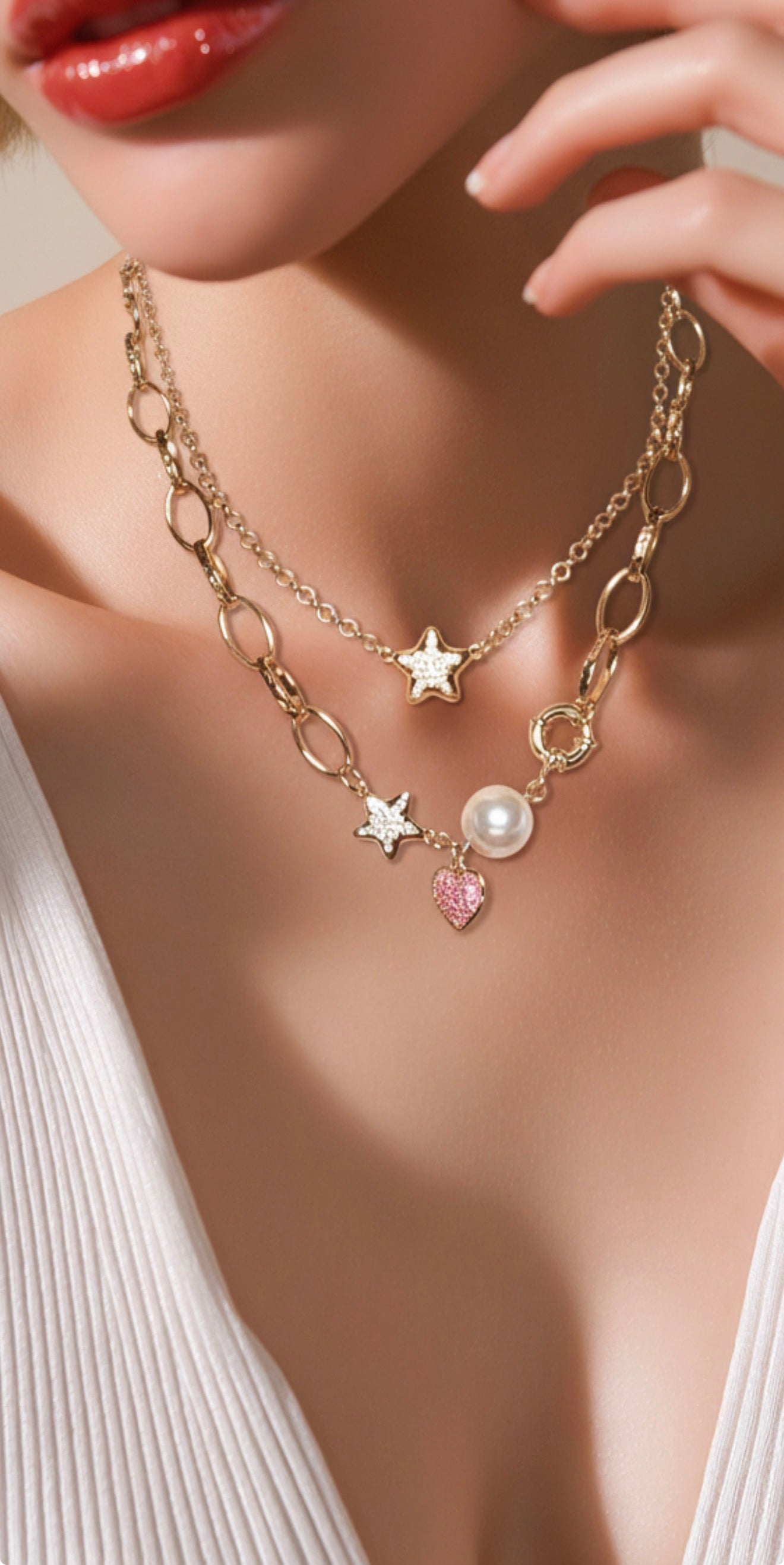 Pearl & Pink Heart Charm Statement Necklace