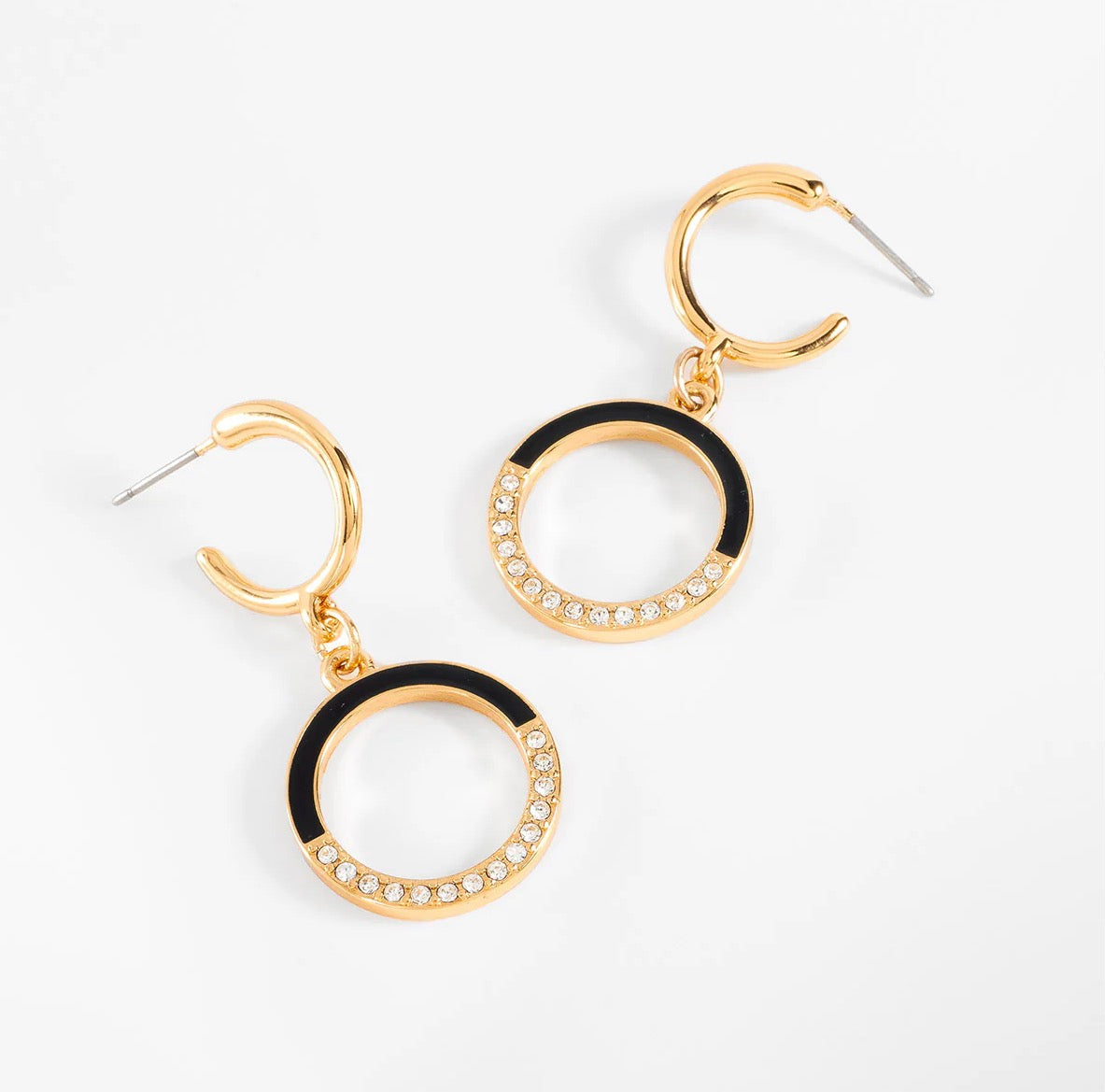 Black Accent Circle Drop Earrings – 18K Gold Plated