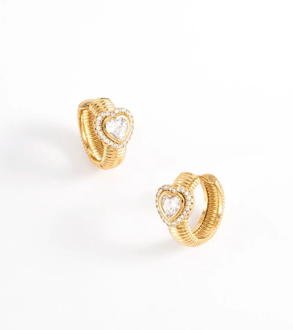 Crystal Heart Textured Hoop Earrings
