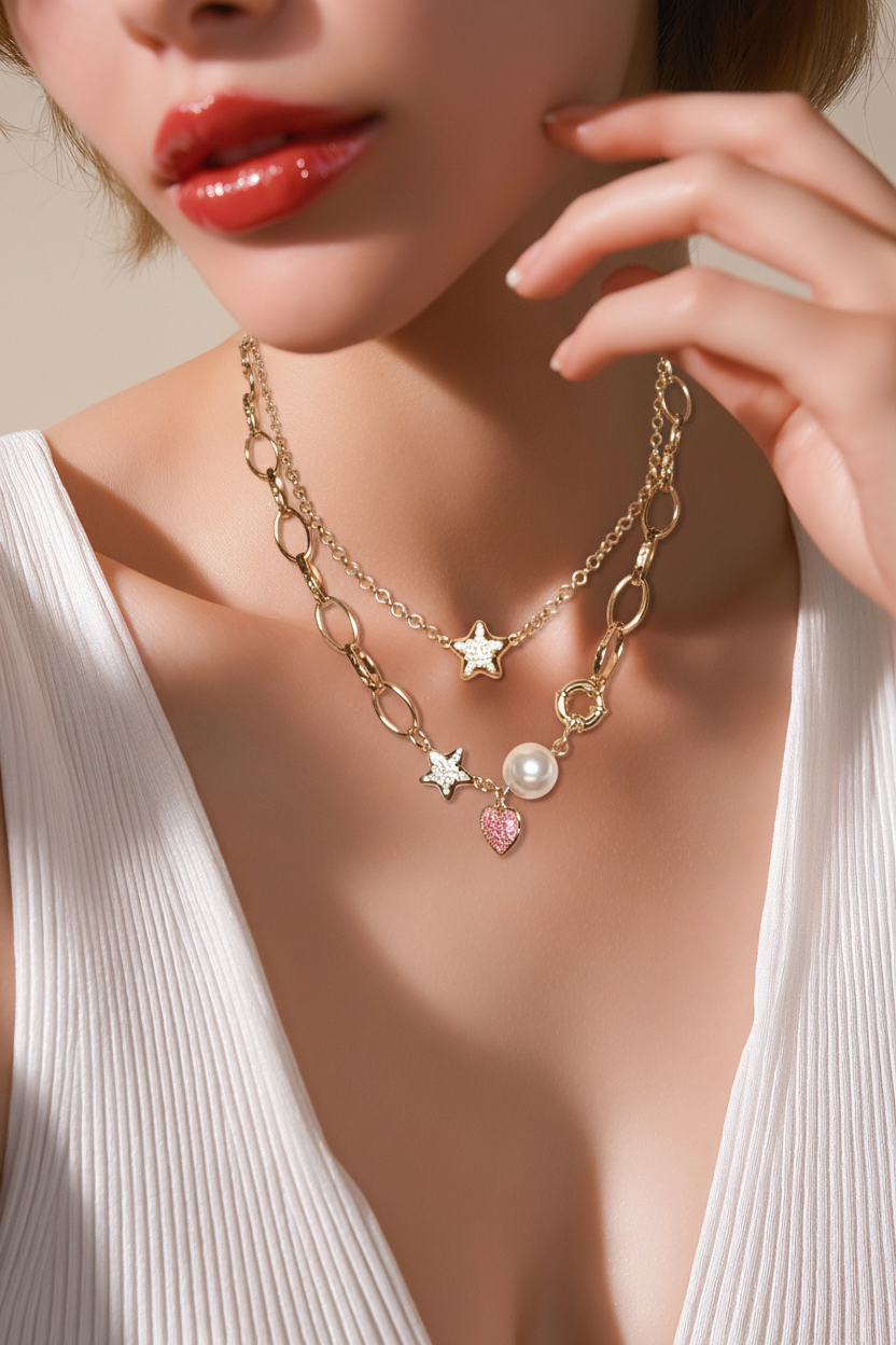 Pearl & Pink Heart Charm Statement Necklace
