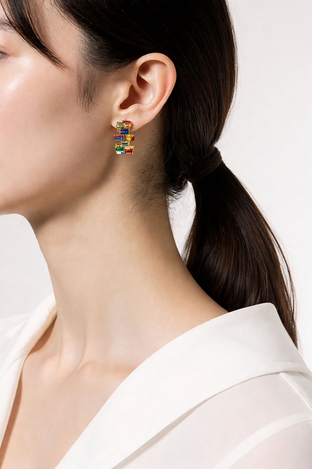 Multicolor Baguette Crystal Huggie Earrings – Gold Plated