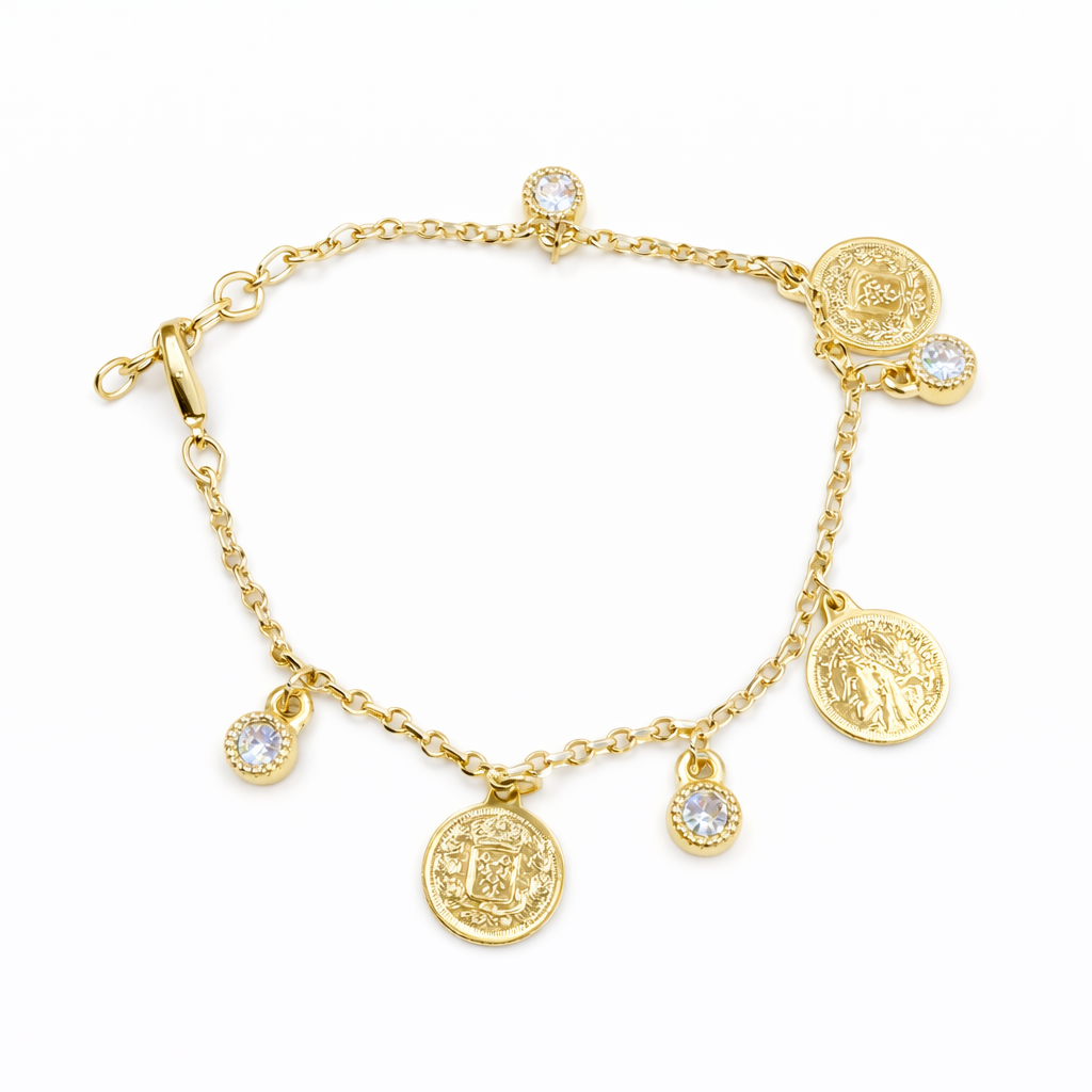 Gold Coin & Cubic Zirconia Charm Bracelet