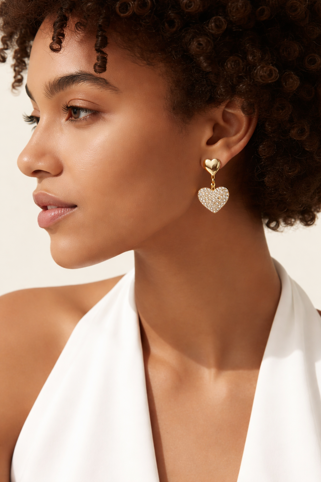 Gold Heart Drop Earrings with Crystal Pave