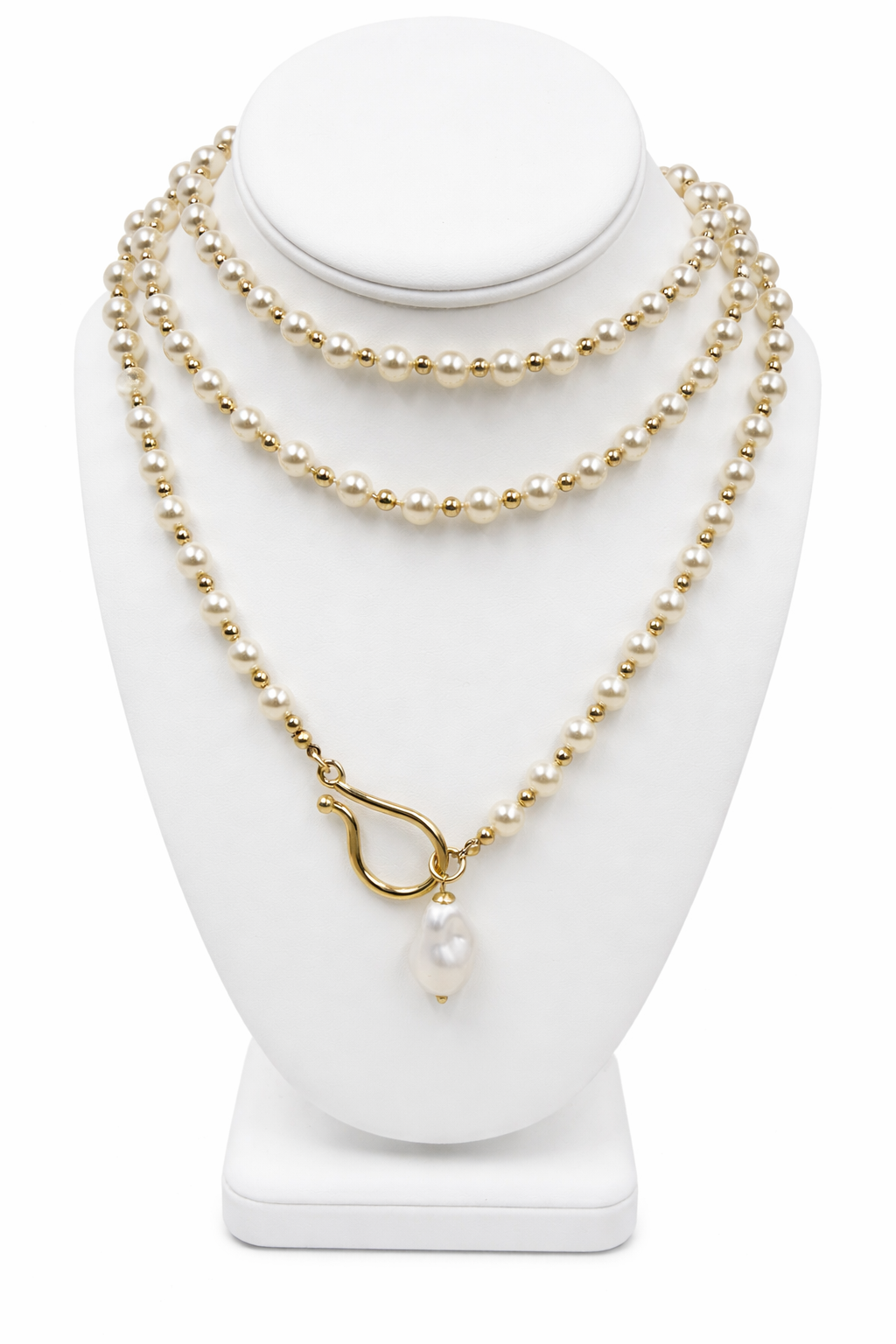 Elegant Pearl Layered Necklace with Gold Clasp & Drop Pearl