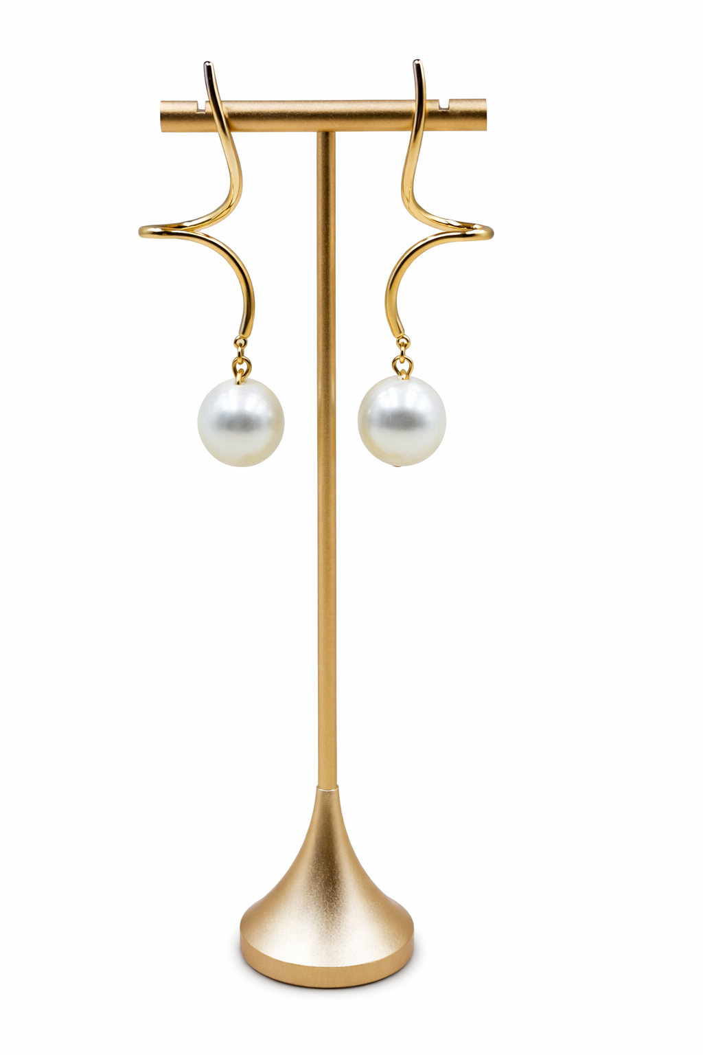 Elegant Pearl Drop Earrings with Curved Gold Design