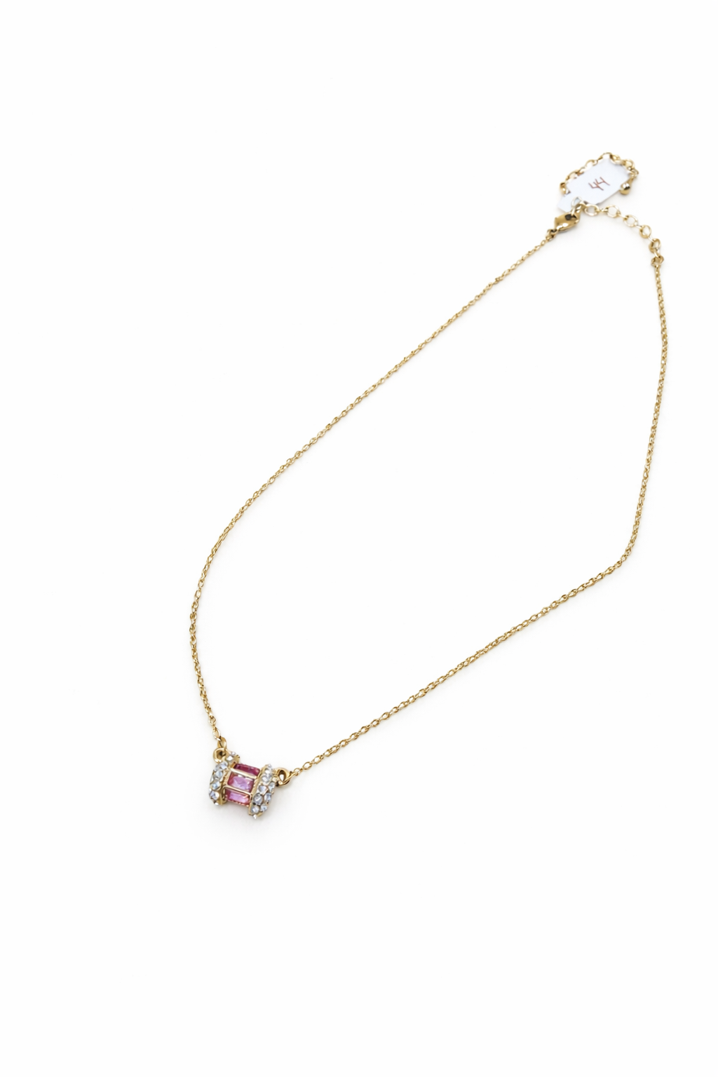 Pink Baguette Crystal Bar Necklace – Gold Plated