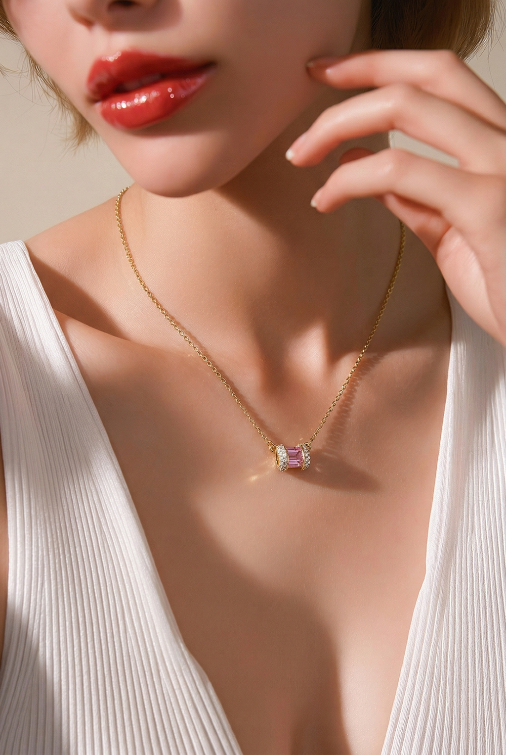Pink Baguette Crystal Bar Necklace – Gold Plated