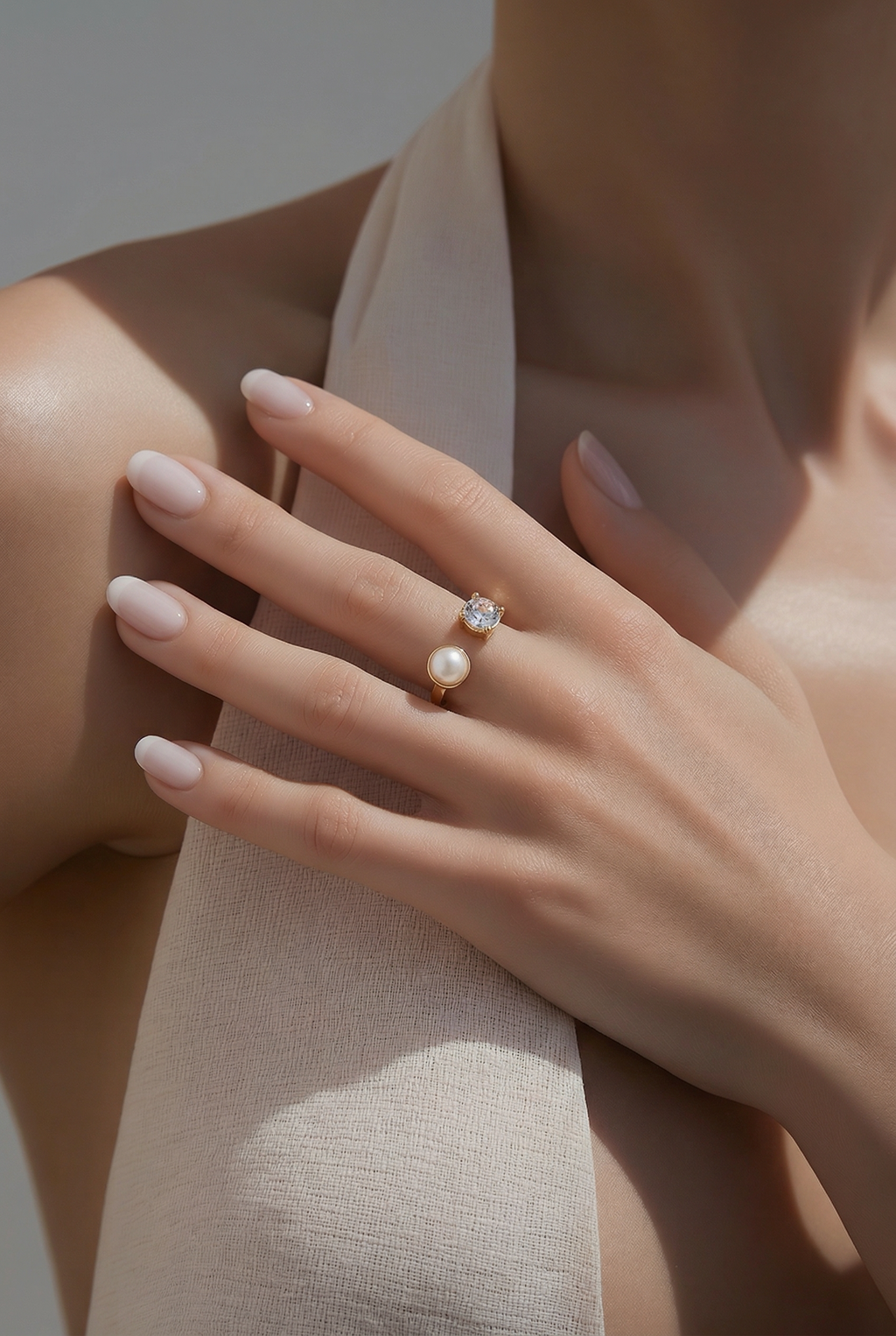 Open Pearl & Crystal Gold Ring