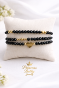 Black Beaded Bracelet Stack with Gold Heart Charm